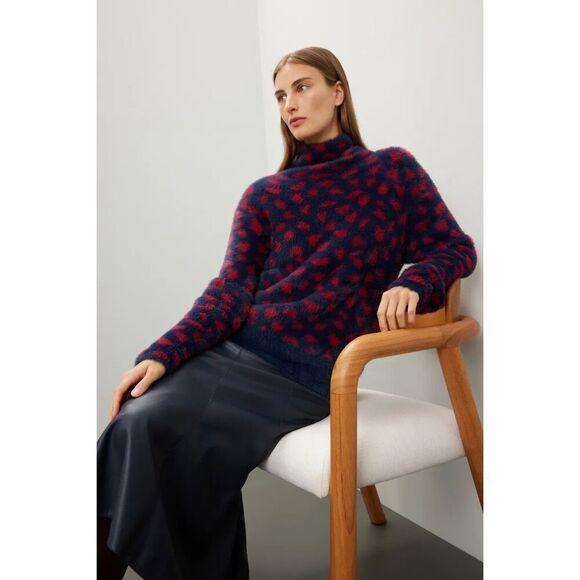 Thakoon Navy Red Printed Fuzzy Mock Neck Pullover 💙 - Picture 3 of 4